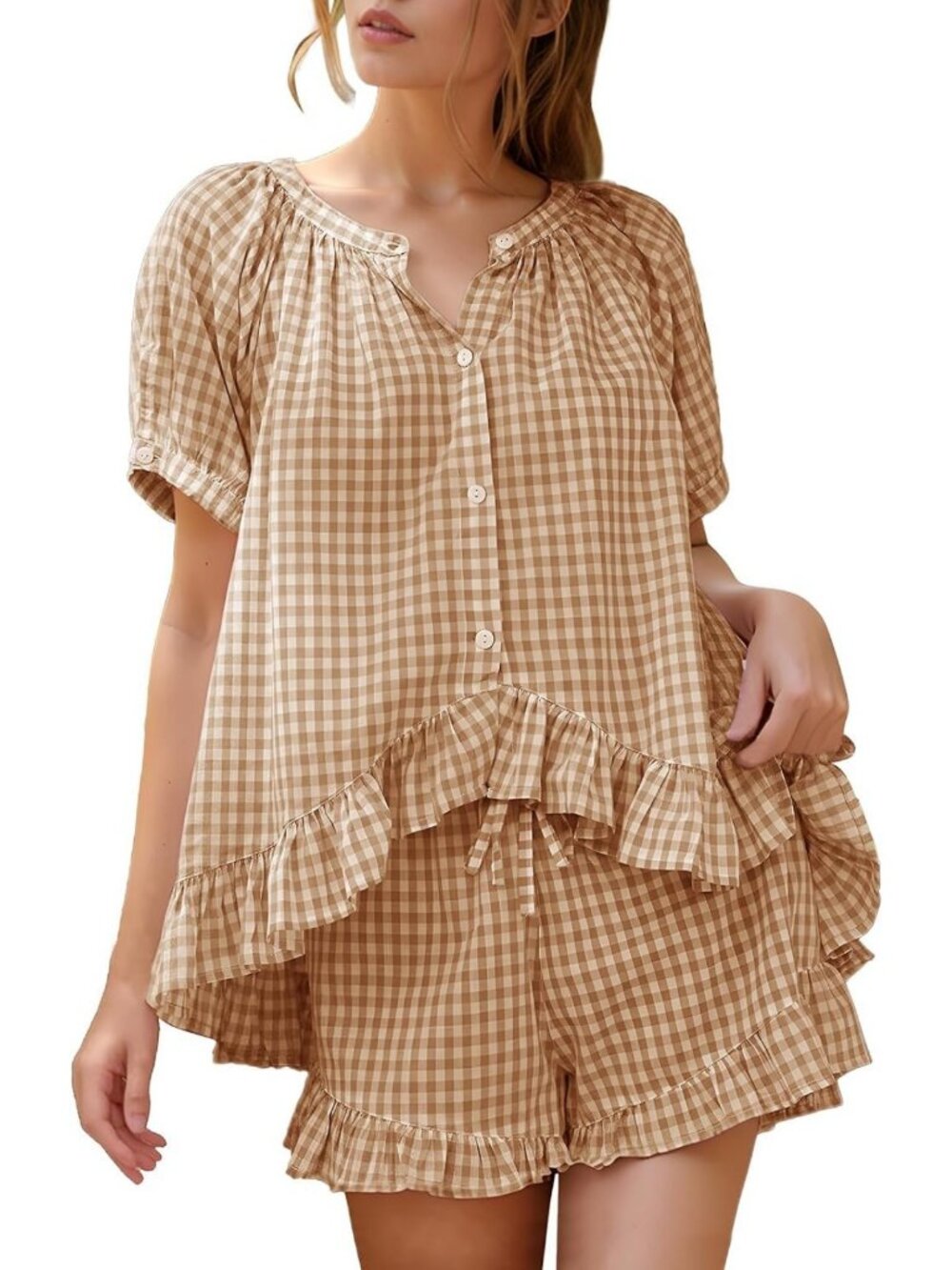 Cozy Gingham Cotton Pajama Set for Women | Comfy Lounge Wear & Sleepwear